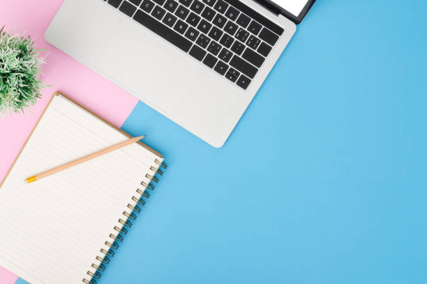istock Creative flat lay photo of workspace desk. Top view office desk with laptop, pencil, notebook and plant on blue pink color background. Top view with copy space, flat lay photography. 1150548509