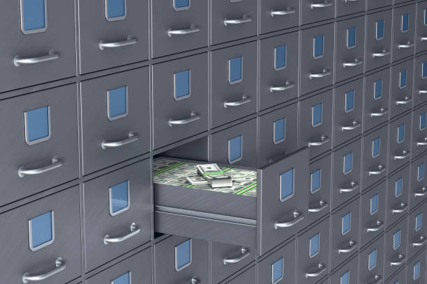 istock Wall from filing cabinet. Open box with money. 3D illustration 1150549088