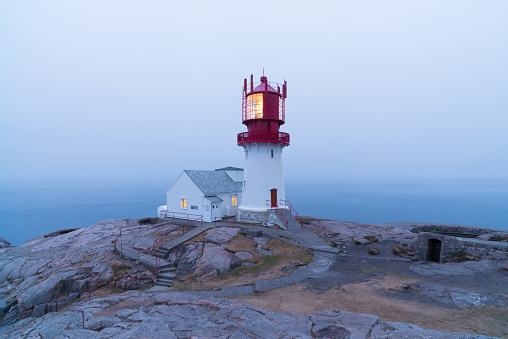 Twilight scene of the Lindesnes lighthouse at the southernmost tip of Norway