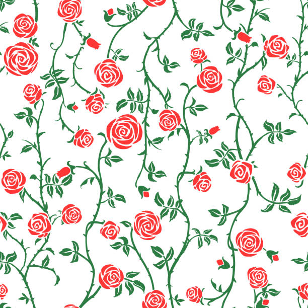 Red rose floral seamless pattern with climbing curly flower, green leaf and thorn. Cute beautiful red on white background, vector. Gothic, summer garden, rustic fence style. Elegant hand drawn texture thorn stock illustrations