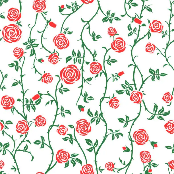 Vector illustration of Red rose floral seamless pattern with climbing curly flower, green leaf and thorn. Cute beautiful red on white background, vector.