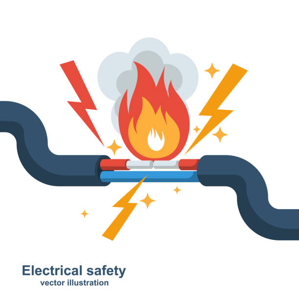 Wire is burning. Fire wiring Wire is burning. Fire wiring. Faulty damaged cable. Fire from overload. Electrical safety concept. Vector illustration flat design. Short circuit electrical circuit. Broken electrical connection. short length stock illustrations
