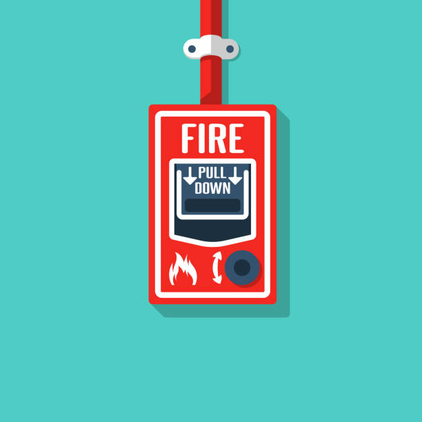 Fire alarm system. Fire button Fire alarm system. Fire button. Emergency siren. Vector illustration flat design. Isolated on white background. Red alarm equipment detector. emergency break glass box stock illustrations