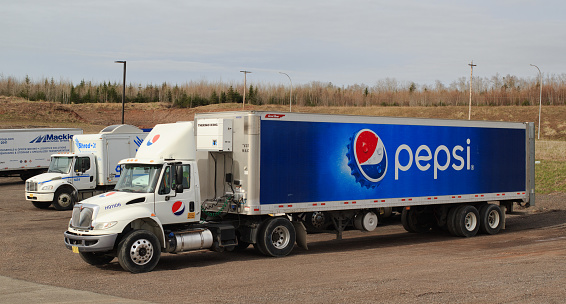 Truro, Canada - May 19, 2019: Parked Pepsi Semi-Truck. Pepsi is a worldwide popular soft drink produced by PepsiCo Inc.