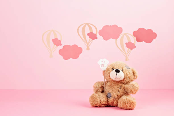 Cute Teddy Bear Over The Pink Pastel Background With Clouds And Ballons  Stock Photo - Download Image Now - iStock