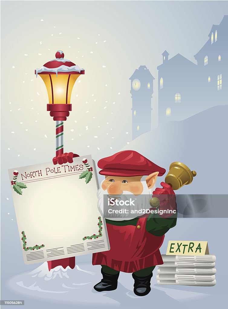 Elfe tenir un journal vierge de neige lampe Post - clipart vectoriel de Crieur public libre de droits