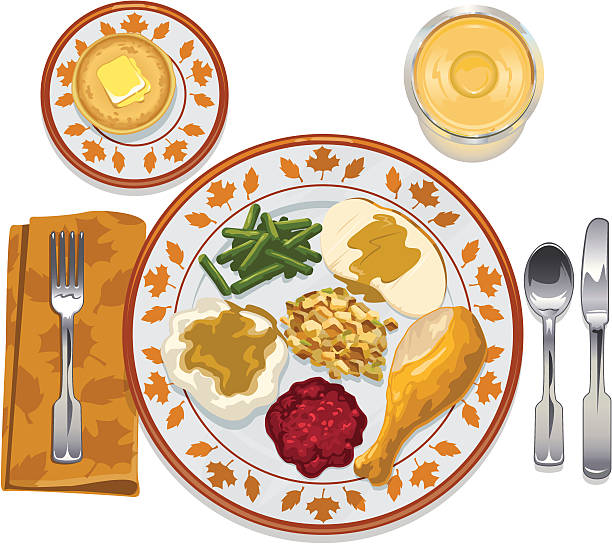 Thanksgiving meal Vector art of top view of traditional Thanksgiving dinner setting. Individual elements are conveniently grouped and layered. cranberry sauce stock illustrations