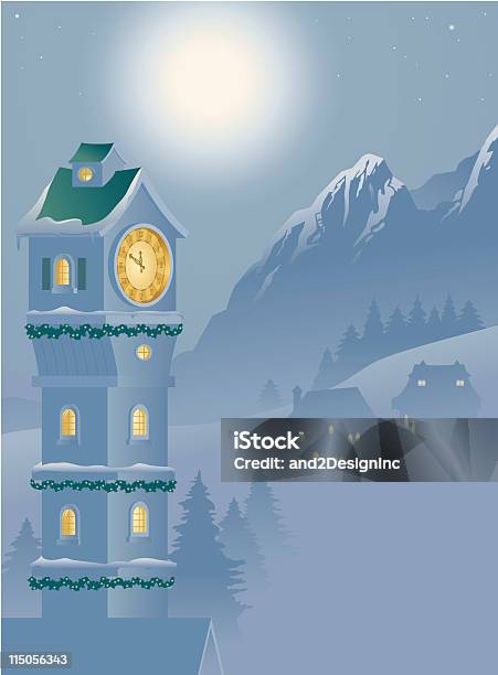 Ilustración de Alpine Torre De Reloj y más Vectores Libres de Derechos de Alpes Europeos - Alpes Europeos, Arbolado, Azul