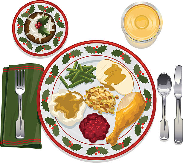 Christmas Dinner Vector art of traditional Christmas dinner including small saucer of pudding. Art is conveniently grouped/layered. cranberry sauce stock illustrations