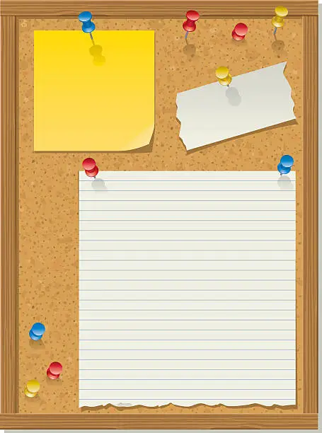 Vector illustration of Illustration of a bulletin board with three papers tacked on