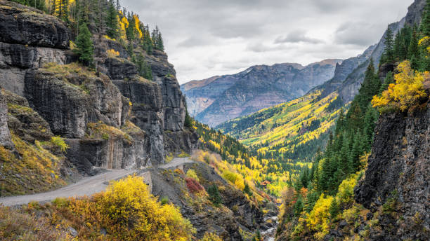 Autumn colors on Camp Bird Road out of Ouray, Colorado Autumn colors on Camp Bird Road out of Ouray, Colorado sneffels range stock pictures, royalty-free photos & images