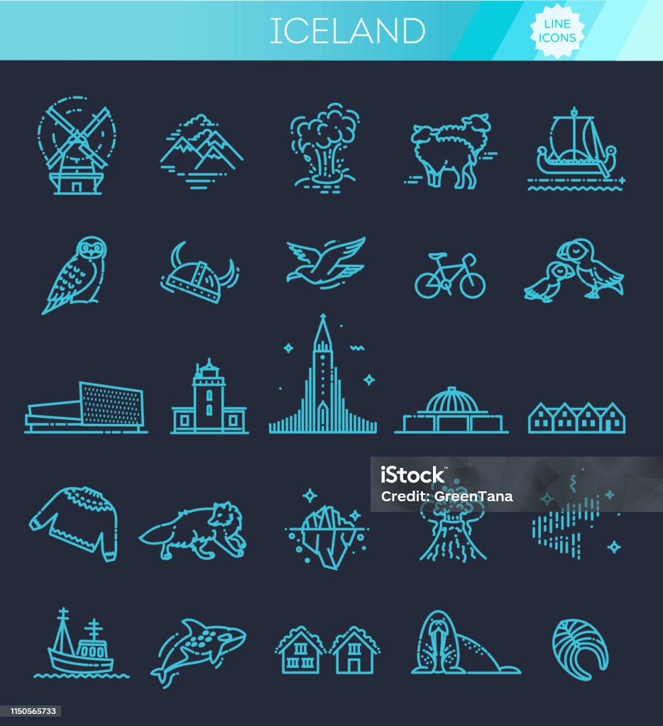 Iceland icons. Tourism and attractions, thin line design Outline black icons set in thin modern design style, flat line stroke vector symbols - Iceland collection Aurora Borealis stock vector