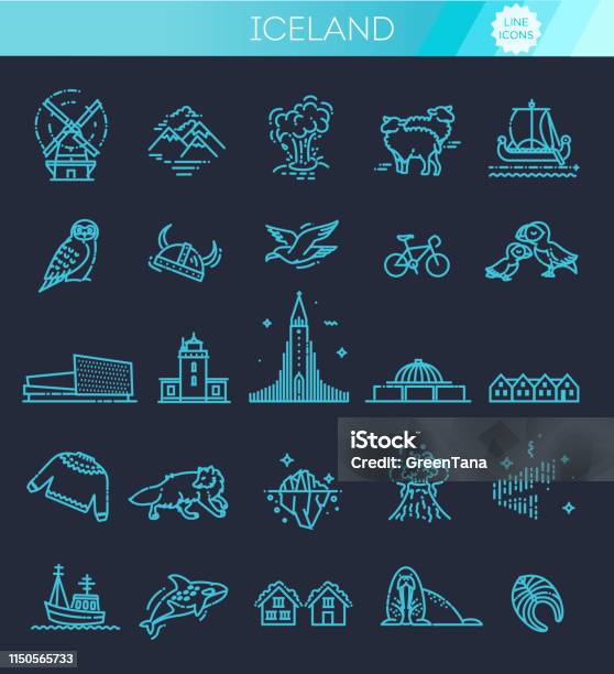 Iceland Icons Tourism And Attractions Thin Line Design Stock Illustration - Download Image Now