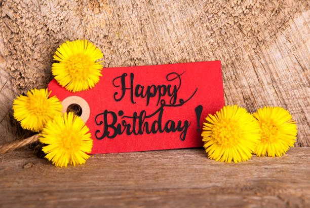 istock Red Label, Dandelion, English Calligraphy Happy Birthday 1150565952