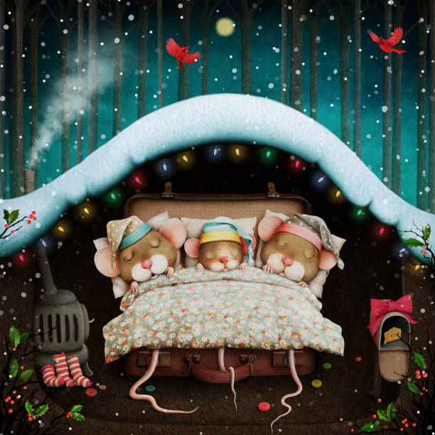 Mouse hole Fantasy winter holiday greeting card with sleeping mouse family in Mouse hole. Computer graphics. magic mouse stock illustrations