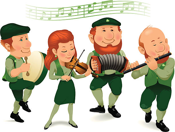 illustrations, cliparts, dessins animés et icônes de bande irlandais portant vert et jouant des instruments - irish culture musician musical band leprechaun