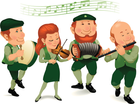Vector cartoon illustration of Irish band, including bodhran drummer, fiddler, concertina player, and flute player. Each musician is on his/her own layer and elements are conveniently grouped.