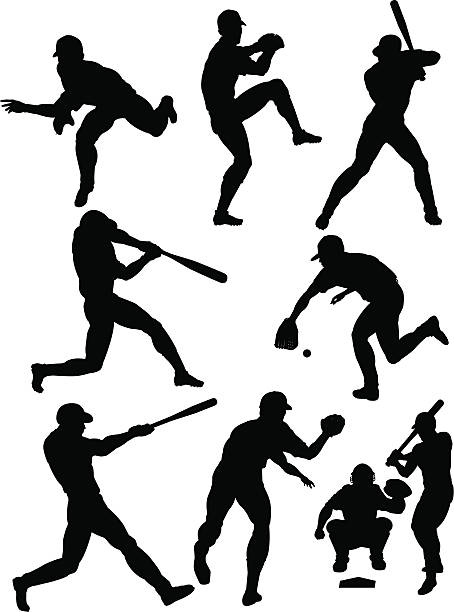 ilustraciones, imágenes clip art, dibujos animados e iconos de stock de siluetas de béisbol - baseball baseball player baseballs catching