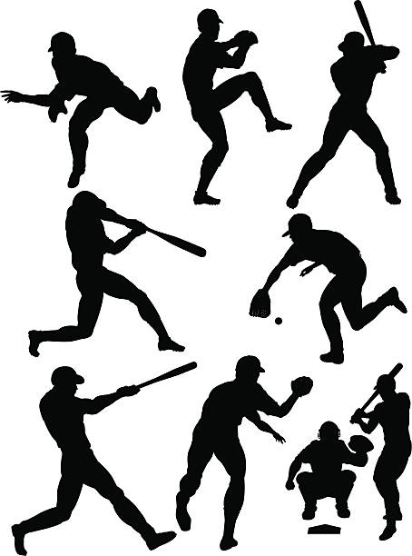 baseball sylwetki - playing baseball white background action stock illustrations