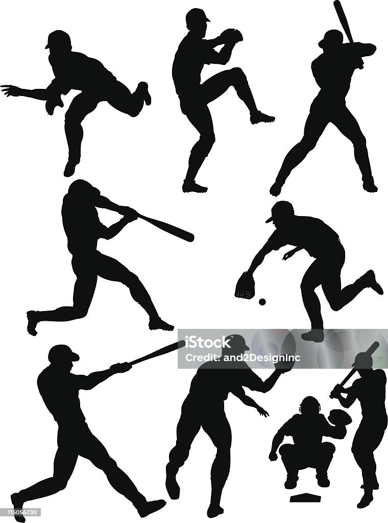 Baseball silhouettes Vector art of silhouetted baseball players in various positions of batting, pitching, and fielding. Baseball - Ball stock vector