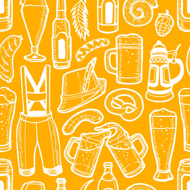 ilustrações, clipart, desenhos animados e ícones de teste padrão da cerveja de oktoberfest no estilo desenhado mão - cans toast