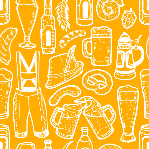 Beer Fest Beer Pattern in Hand Drawn Style Beer Fest Beer Pattern. Drink Background in Hand Drawn Style for for Surface Design Fliers Banners Prints Posters Cards Menu. Vector Illustration background of a cheers beer mugs stock illustrations
