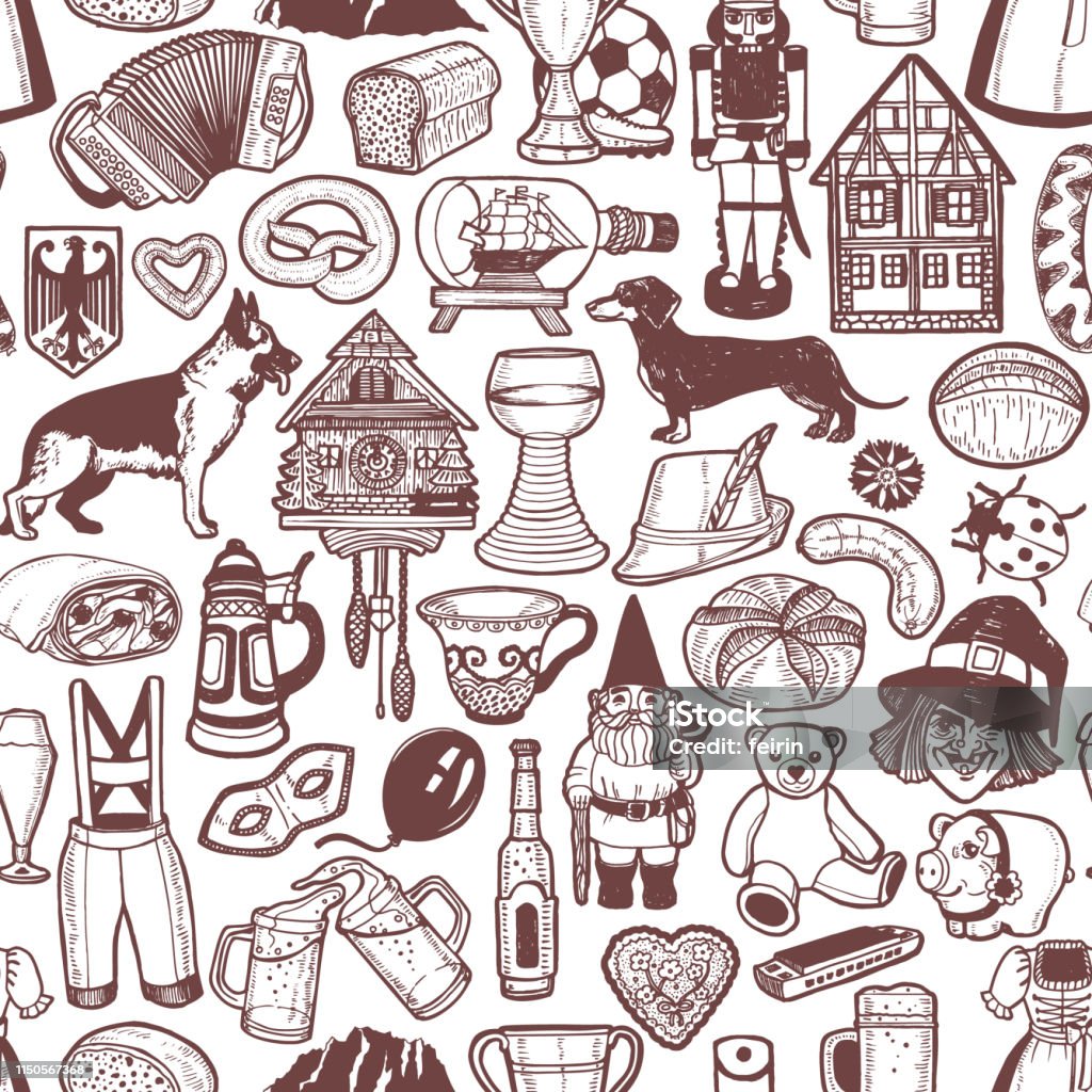 German Symbols Pattern in Hand Drawn Style German Symbols Pattern. Seamless Background in Hand Drawn Style for Surface Design Fliers Banners Prints Posters Cards. Vector Illustration Dachshund stock vector