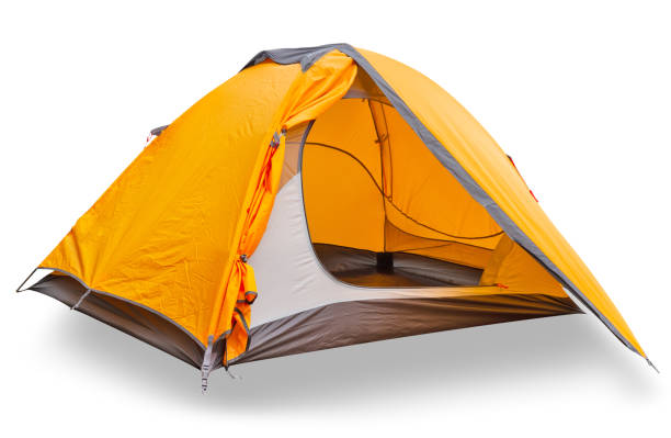 Orange tourist tent with open canopy stock photo