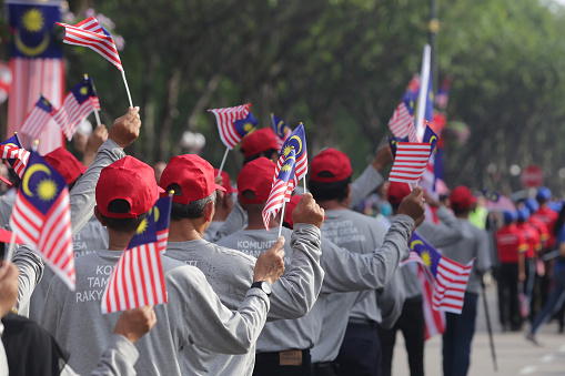 Putrajaya, Malaysia - August 31, 2019: A close up view of the contingent marching from air line staff at the 62nd Independence day or Merdeka Day celebration of Malaysia in Putrajaya.