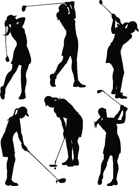 Women golfer silhouettes Vector art of silhouettes of women golfing in various poses. golf silhouettes stock illustrations