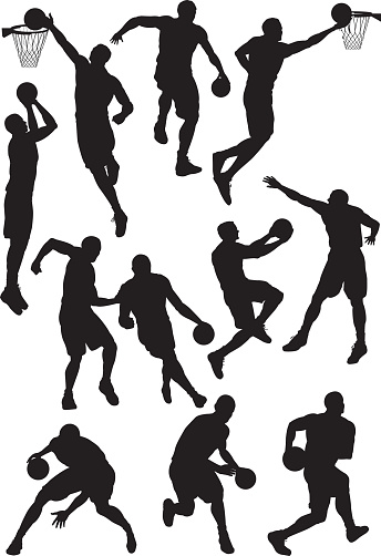 Vector art of silhouetted basketball players in action.