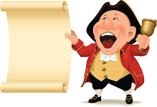 Town Crier and scroll Vector cartoon illustration of an excited town crier holding a scroll with area for your custom text. town criers stock illustrations
