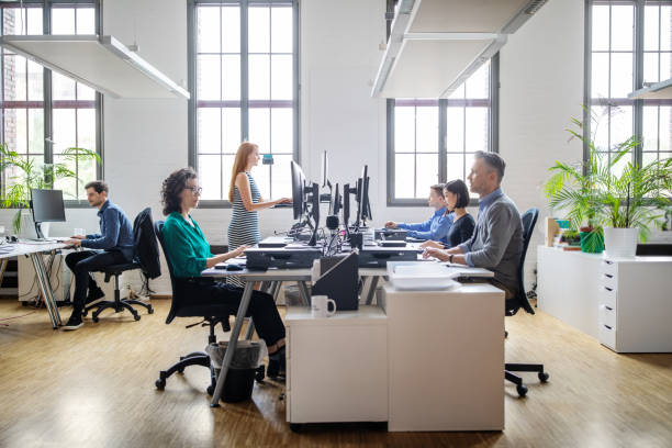 gens d’affaires travaillant dans un bureau moderne - bureau lieu de travail photos et images de collection