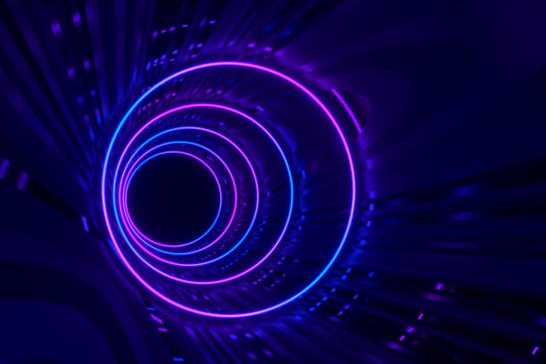 istock Round tunnel with reflective walls and neon circle illumination 3D Illustration 1150573484