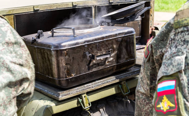Mobile metal military kitchen stove to feed soldiers