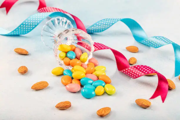 Almond candy; Sugared Almonds on white background.Eid al-Fitr (Feast of Ramadan) concept.