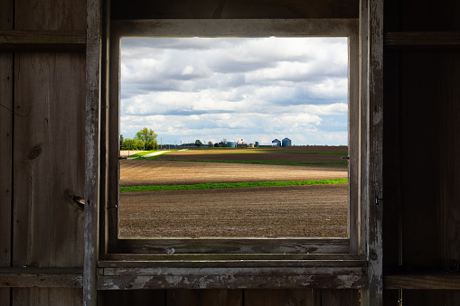 Looking through the old barn window with a view of the open farmland. This morning in Malden, Illinois