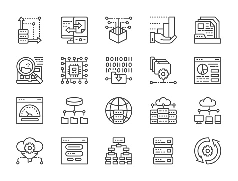 Set of data analysis and cloud computing line icons. Network hosting, program algorithm, database, ftp server, file setting, microprocessor, computer chip, open source, synchronization and more.