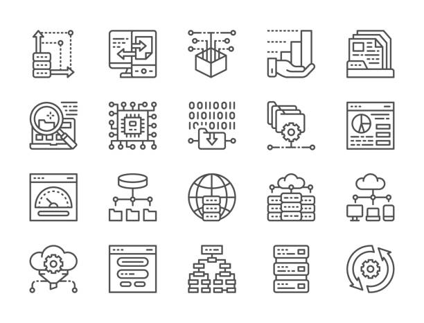 Set of data analysis and cloud computing line icons. Network hosting, program algorithm, database, ftp server,  synchronization and more. Set of data analysis and cloud computing line icons. Network hosting, program algorithm, database, ftp server, file setting, microprocessor, computer chip, open source, synchronization and more. receiving stock illustrations