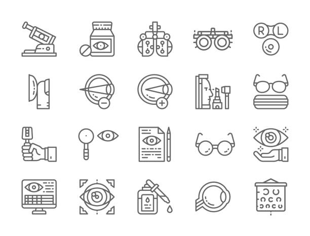Set of Optometry Line Icons. Vision Correction Device, Vitamins, Contact Lenses,  Eye Surgery and more. Set of Optometry Line Icons. Vision Correction Device, Vitamins, Contact Lenses, Laser Correction Glasses, Doctor Prescription, Optical Clinic, Eye Surgery and more. optometrist stock illustrations