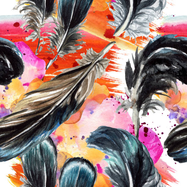 istock Blue black bird feather from wing isolated. Watercolor background illustration set. Seamless background pattern. 1150578606