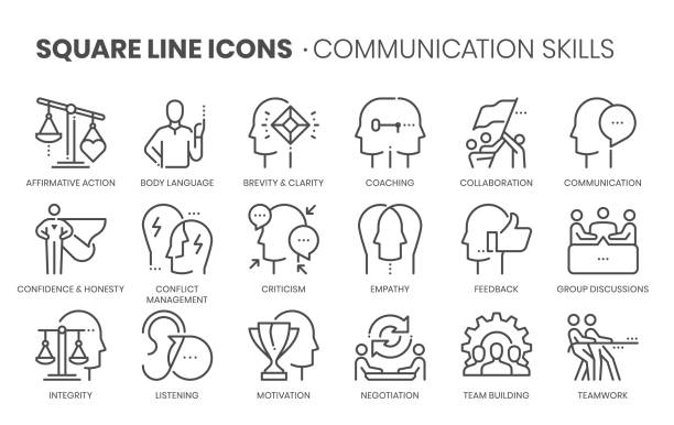 kommunikationsfähigkeiten bezogen, quadratische linie - hören stock-grafiken, -clipart, -cartoons und -symbole