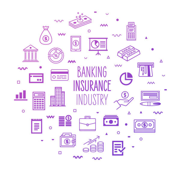 Banking & Insurance Industry Outline Style Infographic Design Banking and insurance industry outline style symbols with modern gradient colors. Line vector icons for infographics, mobile and web designs. bank financial building patterns stock illustrations