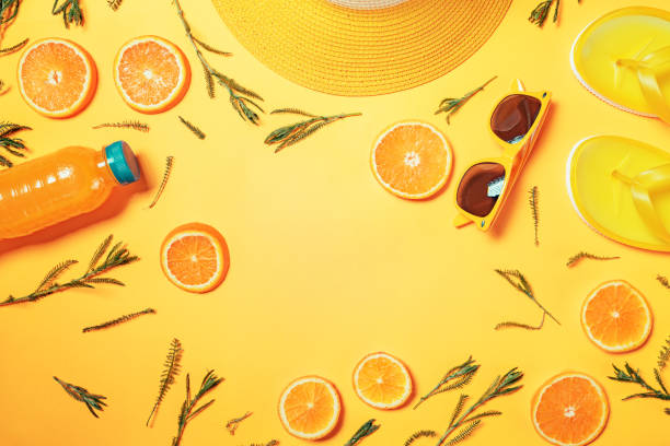 istock Top view flat lay summertime beach accessories 1150585487