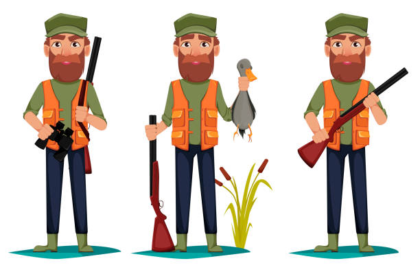 Hunter man cartoon character Hunter man cartoon character, set of three poses. Vector illustration isolated on white background duck with hat stock illustrations