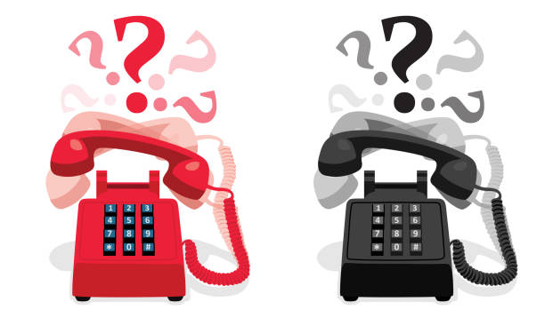 Ringing stationary phone with button keypad and with question marks Ringing stationary retro phone with button keypad and with question marks. Vector illustration red telephone on cord stock illustrations