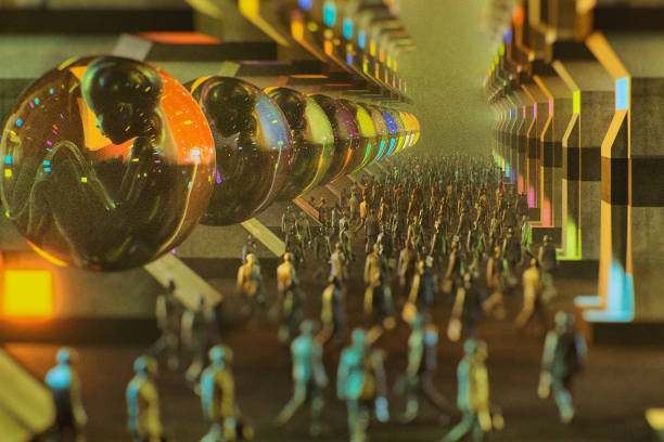 Abstract grungy crowd of human clones. This is entirely 3D generated image.