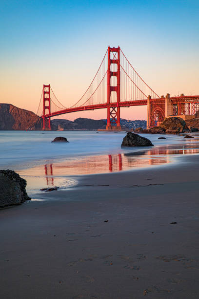 san francisco - the golden gate bridge at sunset from the beach - golden gate bridge san francisco county cityscape famous place imagens e fotografias de stock