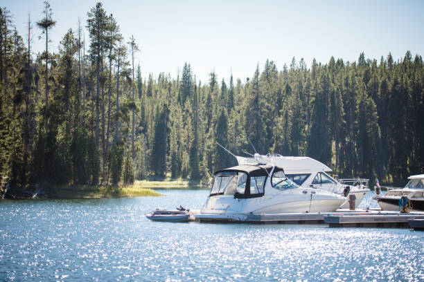 istock Dock with private motor boat in scenic mountain lake 1150594452