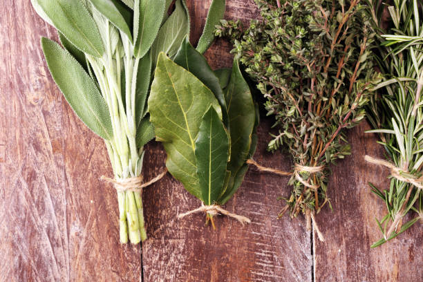 istock Homegrown and aromatic herbs on rustic background with rosemary and basil 1150594472